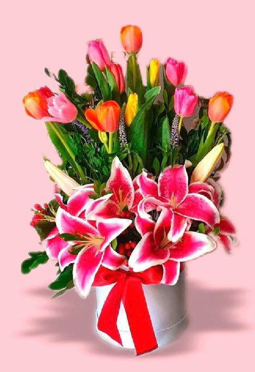 Caja de tulipanes y lirios
