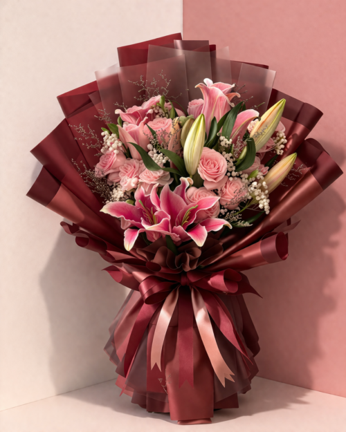 Ramo de rosas con lirios baby