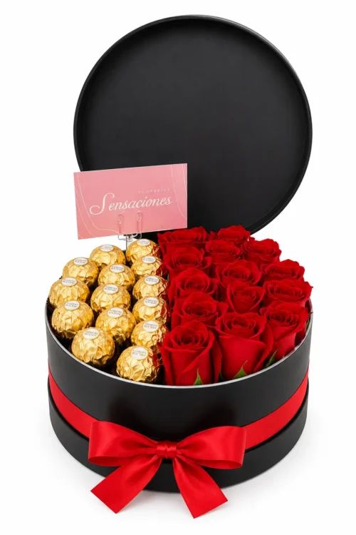 Caja mediana con frase personalizada, rosas y chocolates Ferrer