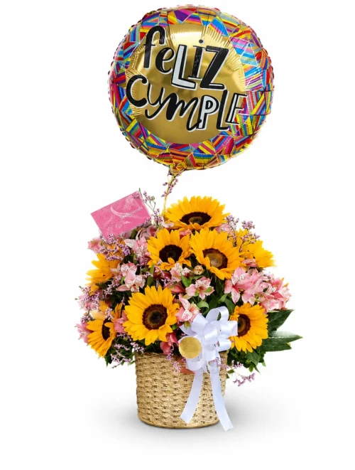 Canasta de girasoles con globo metálico y  helio