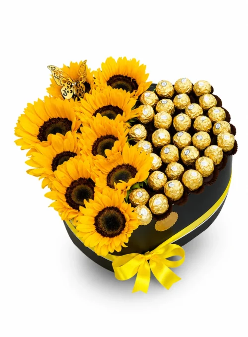 Corazón de girasoles con chocolates