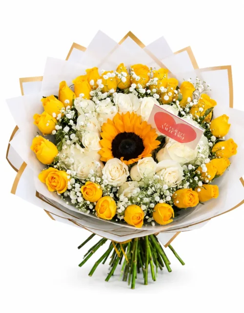 Ramo de rosas amarillas y girasol
