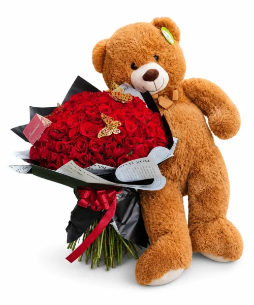 Ramo de 100 rosas con oso de peluche.