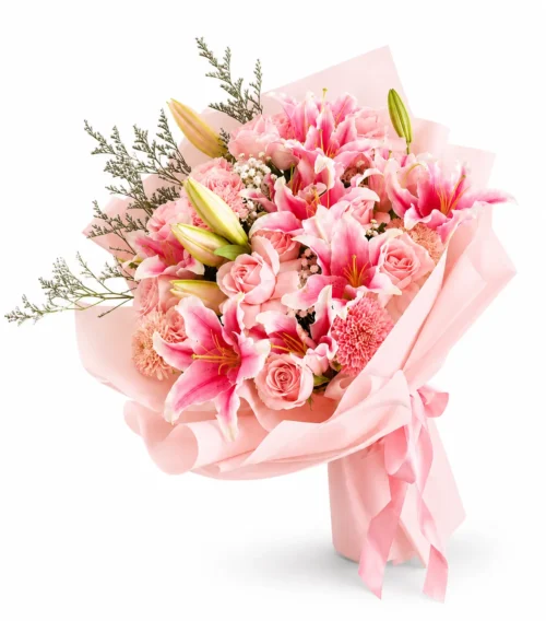 Ramo de rosas lirios y Gerberas