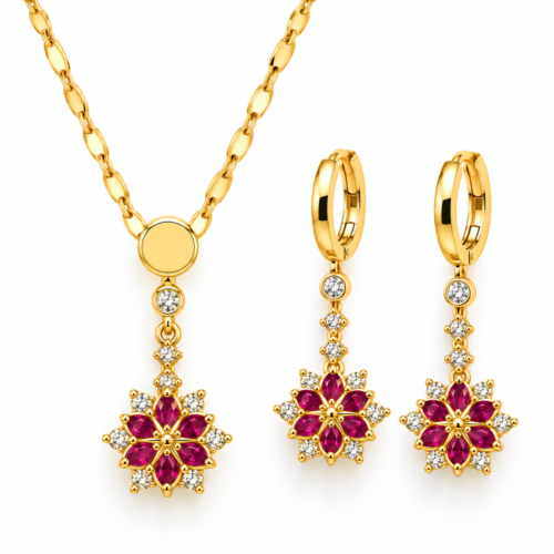 Juego de aretes, cadena y dije, todo en oro laminado 18K